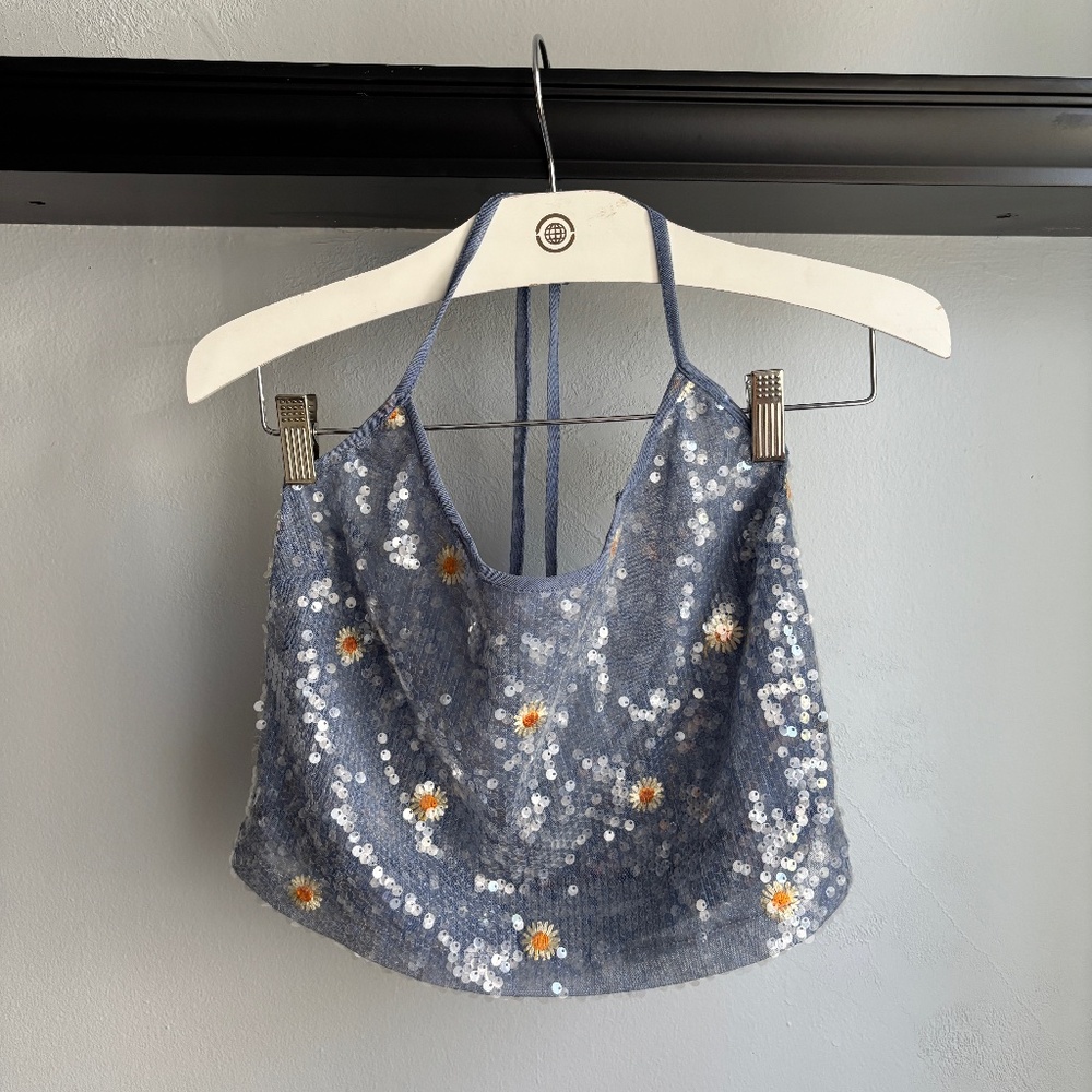 Nasty Gal Blue Sequin Daisy Halter Crop Top